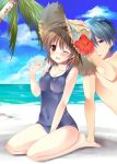  1boy 1girl antenna_hair barefoot beach blue_eyes blue_hair blue_sky blue_swimsuit breasts brown_eyes brown_hair clannad cleavage clouds collarbone commentary_request covered_navel day full_body furukawa_nagisa horizon impossible_clothes impossible_swimsuit komo_da medium_breasts ocean okazaki_tomoya outdoors palm_tree school_swimsuit short_hair sitting sky solo_focus swimsuit tree wariza water 