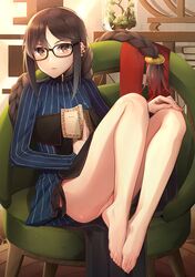  1girl bangs barefoot black-framed_eyewear black_dress blue_dress bonsai book braid breasts brown_eyes brown_hair chair commentary_request consort_yu_(fate) dress ear_piercing earrings fate/grand_order fate_(series) feet glasses jar jewelry knees_up layered_dress legs long_hair long_sleeves looking_at_viewer multiple_earrings parted_lips piercing plant ribbed_dress single_braid sitting solo strapless strapless_dress turtleneck turtleneck_dress umihotaru_harumare very_long_hair 