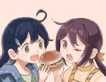  2girls ahoge akebono_(kantai_collection) alternate_hairstyle black_hair brown_eyes casual commentary_request dolphin_hair_ornament food hair_between_eyes hair_ornament hairclip hamburger holding holding_food jacket kantai_collection long_hair looking_at_viewer multiple_girls one_eye_closed open_mouth otoufu ponytail purple_hair sharing_food shirt star star_hair_ornament ushio_(kantai_collection) violet_eyes 