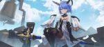  1girl ashisi azur_lane bangs bell bell_tower bird blue_hair blue_sky blush breasts choker clouds commentary cross cross_(weapon) day dress feathers fleur_de_lis floating_headgear gascogne_(azur_lane) gauntlets greaves hair_between_eyes headgear highres holding_cross looking_at_viewer outdoors short_hair sitting sky solo strapless strapless_dress weapon white_dress yellow_eyes 