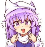  1girl :d bangs blue_vest blush clenched_hands commentary_request eyebrows_visible_through_hair eyelashes hair_between_eyes hands_up letty_whiterock looking_at_viewer open_mouth portrait purple_hair shirt short_hair simple_background smile solo touhou vest violet_eyes white_background white_headwear white_shirt wool_(miwol) 