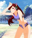  1girl ;) arm_up benjoerres bikini blue_bikini blue_sky breasts brown_eyes clouds collarbone cowboy_shot d.va_(overwatch) day facial_mark floating_hair groin hand_on_lap headphones highres leaning_forward long_hair one_eye_closed outdoors overwatch redhead sky small_breasts smile solo sports_bikini standing sweat swimsuit very_long_hair 