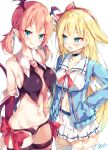  2girls :q absurdres bare_shoulders between_breasts black_choker blonde_hair blue_eyes blue_shirt blush bow breasts brown_shirt brown_wings choker closed_mouth collared_shirt crop_top cross_choker demon_girl demon_tail demon_wings detached_sleeves fantia_reward garter_straps groin hair_bow hair_flaps hairband hand_on_hip head_tilt head_wings heart_cutout highres long_hair long_sleeves low_twintails lucia_primrose medium_breasts mini_wings multiple_girls navel necktie necktie_between_breasts open_mouth original paid_reward pink_neckwear pleated_skirt raphilia_meredith red_bow red_eyes red_hairband red_sleeves shirt short_twintails signature simple_background skindentation skirt sleeveless sleeveless_shirt sleeves_past_fingers sleeves_past_wrists small_breasts smile striped striped_legwear sweat tail tail_raised thigh-highs tongue tongue_out twintails unacchi_(nyusankin) v-shaped_eyebrows very_long_hair white_background white_legwear white_skirt white_wings wings 