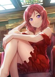  1girl bangs bare_shoulders blush breasts chair dated dress eyebrows_visible_through_hair highres leg_hug legs_crossed lips looking_at_viewer love_live! love_live!_school_idol_project medium_breasts medium_hair nishikino_maki red_dress redhead shamakho shiny shiny_hair signature sitting skylight smile solo strapless strapless_dress swept_bangs violet_eyes 