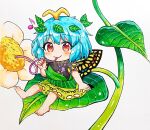  antennae barefoot blue_hair brown_eyes butterfly_wings caramell0501 chibi dress drinking_straw eternity_larva eyebrows_visible_through_hair flower green_dress hair_ornament highres leaf leaf_hair_ornament leaf_on_head minigirl multicolored multicolored_clothes multicolored_dress musical_note short_sleeves simple_background single_strap sitting touhou traditional_media white_background wings 
