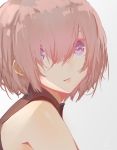 1girl bare_shoulders close-up commentary_request face fate/grand_order fate_(series) from_side hair_over_eyes looking_at_viewer looking_back mash_kyrielight pink_hair saihate_(d3) short_hair sleeveless solo violet_eyes 