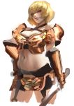  1girl absurdres armor bangs blonde_hair breastplate breasts cleavage cleavage_cutout clementine_(overlord) commentary_request criss-cross_halter cropped_legs dnjswns178 evil_smile halterneck hand_on_hip highres holding holding_sword holding_weapon large_breasts lips looking_at_viewer midriff navel nose overlord_(maruyama) red_eyes short_hair shoulder_armor sketch smile solo spaulders sword weapon white_background 
