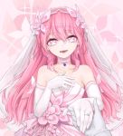  1girl abstract_background bare_shoulders bride choker dress earrings elbow_gloves elsword gloves hand_holding hand_on_own_chest jewelry laby_(elsword) long_hair monko_(liangliang) pink_background pink_dress pink_eyes pink_hair pink_theme ring sharp_teeth smile solo_focus strapless strapless_dress symbol-shaped_pupils teeth upper_body veil white_gloves 