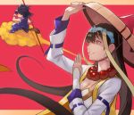  55level absurdres ajirogasa bead_necklace beads black_hair breasts cleavage clouds dragon_ball earrings fate/grand_order fate_(series) flying_nimbus hat highres hoop_earrings jewelry long_hair monkey_tail necklace red_background son_gokuu staff tail xuanzang_(fate/grand_order) 