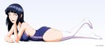  1girl :d absurdres benjoerres blue_hair blue_swimsuit breasts competition_swimsuit from_side full_body head_rest highres hyuuga_hinata large_breasts long_hair lying naruto_(series) naruto_shippuuden on_stomach one-piece_swimsuit open_mouth shiny shiny_clothes shiny_hair sideboob smile solo swimsuit the_pose thigh-highs white_background white_eyes white_legwear 