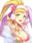  1girl animal_ears blonde_hair breasts cleavage earmuffs fake_animal_ears fire_emblem fire_emblem_heroes gradient_hair green_eyes jurge long_hair medium_breasts multicolored_hair nintendo open_mouth pink_hair ponytail rabbit_ears sharena sharena_(fire_emblem) simple_background solo upper_body white_background 