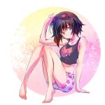  1girl barefoot black_hair eye_mask gradient_hair grey_eyes highres iesupa multicolored_hair redhead ruby_rose rwby short_hair shorts sleepwear solo tank_top two-tone_hair 