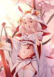  1girl absurdres alternate_costume alternate_hairstyle arm_support ayanami_(azur_lane) azur_lane bangs bare_shoulders blonde_hair blurry blurry_background blush breasts choker cleavage collarbone covered_mouth cowboy_shot detached_sleeves eyebrows_visible_through_hair f_(milfaaaaa) flower groin hair_between_eyes head_tilt headgear heart highres holding holding_flower holding_sword holding_weapon long_hair looking_at_viewer medium_breasts navel outdoors petals pink_background red_eyes sheath short_hair sidelocks skindentation solo standing stomach sunset sword thigh-highs thighs veil weapon white_legwear 