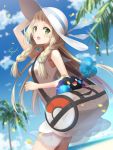  1girl arm_up bag bangs blonde_hair blue_sky braid breasts clouds cosmog creatures_(company) day dress duffel_bag game_freak gen_7_pokemon green_eyes hat highres light_particles lillie_(pokemon) long_hair nintendo outdoors palm_tree petals pokemon pokemon_(creature) pokemon_(game) pokemon_sm rupinesu see-through sky sleeveless sleeveless_dress small_breasts solo straight_hair sun_hat tree twin_braids white_dress white_headwear 