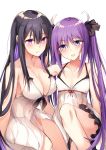  2girls :o armpits bare_arms bare_legs bare_shoulders black_hair black_ribbon blue_eyes blush breasts cleavage collarbone commentary_request dress hair_ornament highres kinona knee_up large_breasts long_hair looking_at_viewer multicolored_hair multiple_girls open_mouth original parted_lips purple_hair red_ribbon ribbon sidelocks simple_background small_breasts smile thighs twintails two-tone_hair very_long_hair violet_eyes white_background white_dress 