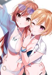  2girls arisugawa_natsuha bikini blonde_hair blush breasts brown_eyes cleavage closed_mouth collarbone eyebrows_visible_through_hair eyewear_on_head hand_on_another&#039;s_hip highres idolmaster idolmaster_shiny_colors large_breasts long_hair medium_breasts misumi_(macaroni) multiple_girls navel one_eye_closed parted_lips redhead saijou_juri self_shot short_hair short_sleeves simple_background sunglasses swimsuit v violet_eyes white_background 