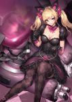  1girl :d argyle argyle_legwear artist_name bangs bead_bracelet beads black_cat_d.va black_dress black_gloves black_legwear blonde_hair blush bow bowtie bracelet breasts cleavage collarbone d.va_(overwatch) detached_collar dress earrings feet_out_of_frame frilled_dress frills gloves grin hair_bow highres jewelry large_breasts layered_dress long_hair looking_at_viewer mecha oopartz_yang open_mouth overwatch patreon_username pink_bow pink_neckwear sitting smile solo swept_bangs teeth thigh-highs turret violet_eyes 