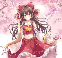  1girl ascot bangs bare_shoulders blush bow branch breasts brown_hair cherry_blossoms closed_mouth collarbone commentary_request cowboy_shot crop_top dango detached_sleeves eyebrows_visible_through_hair food frilled_bow frilled_shirt_collar frilled_skirt frills gradient gradient_background hair_between_eyes hair_bow hair_tubes hakurei_reimu holding holding_food long_hair long_skirt long_sleeves mayo_(miyusa) medium_breasts midriff navel petals petticoat pink_background red_bow red_eyes red_ribbon red_shirt red_skirt revision ribbon ribbon-trimmed_sleeves ribbon_trim sanshoku_dango shirt sidelocks skirt skirt_set smile solo spring_(season) standing stomach tareme tassel touhou wagashi white_background white_sleeves wide_sleeves yellow_neckwear 