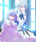  2girls apron bangs bat_wings blue_dress blue_eyes blue_hair bow braid commentary_request dress eyebrows_visible_through_hair frilled_shirt_collar frills green_neckwear green_ribbon hair_between_eyes hair_bow highres indoors izayoi_sakuya juliet_sleeves knees_up long_sleeves looking_at_viewer maid maid_apron maid_headdress multiple_girls neck_ribbon no_hat no_headwear pink_dress puffy_sleeves red_eyes remilia_scarlet ribbon short_hair signature silver_hair sitting sketch smile souta_(karasu_no_ouchi) swept_bangs touhou twin_braids white_apron white_bow window wings 