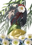  1girl black_eyes black_hair commentary_request flower from_side hair_flower hair_ornament hieda_no_akyuu highres japanese_clothes kimono looking_away medium_hair plant solo suna_(s73d) touhou upper_body 