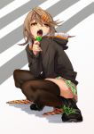  1girl black_legwear boots brown_eyes brown_hair candy cross-laced_footwear food fu-ta hair_ornament hairclip hood hood_down jacket lace-up_boots lollipop long_hair looking_at_viewer open_mouth original ponytail skirt solo thigh-highs thighs usami_taiga 