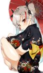  1girl absurdres azur_lane bangs barefoot blush commentary eyebrows_visible_through_hair from_side hair_ribbon highres indian_style japanese_clothes kimono long_hair long_sleeves looking_at_viewer multicolored_hair nue0 obi oriental_umbrella prinz_eugen_(azur_lane) red_eyes ribbon sash short_kimono silver_hair simple_background sitting solo streaked_hair two_side_up umbrella white_background 