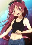  1girl :d black_bow black_tank_top blue_pants blush bow breasts cap_(dkdm-d) collarbone eyebrows_visible_through_hair fang floating_hair gradient gradient_background groin hair_between_eyes hair_bow lens_flare long_hair looking_at_viewer mahou_shoujo_madoka_magica midriff navel open_mouth pants red_eyes redhead sakura_kyouko shiny shiny_hair small_breasts smile solo standing stomach very_long_hair 