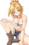  1girl 2-kai_no_rinjin bare_arms bare_legs bare_shoulders belt blonde_hair boots braid breasts brown_belt brown_footwear collarbone commentary_request fate/grand_order fate_(series) fur-trimmed_shorts fur_trim green_eyes highres jewelry long_hair looking_at_viewer mordred_(fate) mordred_(fate)_(all) muscle navel necklace ponytail short_shorts shorts simple_background solo white_background 