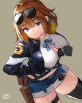  1girl artist_name bangs black_bra black_gloves black_legwear bra bra_peek breasts brown_hair button_gap closed_mouth dress_pull eyebrows_visible_through_hair eyes_visible_through_hair eyewear_on_head girls_frontline gloves grey_background grizzly_mkv_(girls_frontline) gun hair_between_eyes highres jacket large_breasts leaning_forward looking_at_viewer oekakizuki pulled_by_self shirt short_hair shorts signature simple_background solo standing sunglasses thigh-highs underwear violet_eyes weapon white_shirt 