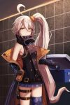  1girl ahoge anizi_(anizi9621) bangs bare_shoulders belt black_belt black_gloves breasts can commentary eyebrows_visible_through_hair girls_frontline glasses gloves hair_between_eyes highres holding jacket long_hair looking_at_viewer off_shoulder pkp_(girls_frontline) side_ponytail silver_hair single_thighhigh small_breasts solo thigh-highs very_long_hair yellow_eyes 