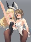  2girls animal_ears atago_(kantai_collection) black_legwear black_leotard black_neckwear blonde_hair blue_eyes bow bowtie breasts brown_hair bunny_tail bunnysuit clenched_teeth closed_eyes cowboy_shot detached_collar gahaku gloves grey_background kantai_collection large_breasts leotard long_hair maya_(kantai_collection) multiple_girls open_mouth pantyhose rabbit_ears short_hair simple_background smile strapless strapless_leotard tail teeth tray waving white_gloves white_leotard white_neckwear wrist_cuffs 