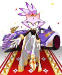  1girl blaze_the_cat closed_mouth commentary confetti crossed_legs eyelashes forehead_jewel full_body furry gem gold_trim high-waist_pants highres large_hands lavender_fur legs_crossed long_sleeves looking_at_viewer outstretched_arm pants slit_pupils sol_(tteum93) solo sonic_the_hedgehog symbol_commentary tail thigh_gap watson_cross white_footwear white_pants yellow_eyes 