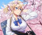  1girl bag bandaid bangs blonde_hair blue_eyes blue_neckwear blue_sky blush bow bowtie breasts bullpup cherry_blossoms cleavage clouds collared_shirt day floating_hair gun hair_ribbon hand_in_hair highres holding holding_gun holding_weapon itou_(onsoku_tassha) large_breasts long_hair original outdoors p90 pink_ribbon ponytail ribbon school_uniform shirt sky smile solo submachine_gun uniform weapon 