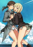  2girls ass blonde_hair blue_eyes blush brown_eyes brown_hair clouds cloudy_sky condensation_trail erica_hartmann eyebrows_visible_through_hair garimpeiro gertrud_barkhorn green_panties hair_ornament hair_ribbon hand_holding highres looking_at_viewer military military_uniform multiple_girls ocean one_eye_closed outdoors panties ribbon shiny shiny_hair sky smile strike_witches twintails underwear uniform white_panties world_witches_series 