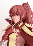  1girl anna_(fire_emblem) cape cm_lynarc commentary finger_to_face fingerless_gloves fire_emblem fire_emblem:_kakusei gloves highres index_finger_raised nintendo open_mouth ponytail popped_collar red_cape red_eyes redhead simple_background smile solo 