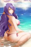  1girl alfred_cullado ass barefoot bikini breasts camilla_(fire_emblem) camilla_(fire_emblem_if) clouds cute day erect_nipples eyebrows_visible_through_hair eyes_visible_through_hair fire_emblem fire_emblem_14 fire_emblem_fates fire_emblem_if hair_over_one_eye hand_in_hair highres intelligent_systems large_breasts long_hair looking_at_viewer looking_back nintendo ocean outdoors patreon_logo pink_bikini pink_ribbon purple_hair red_bikini ribbon side-tie_bikini sideboob sitting smile soles solo swimsuit under_boob very_long_hair wariza water watermark 