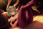  1girl animal_ears artist_name ass bed bed_sheet bow bowtie breasts bunny_girl bunnysuit cleavage collarbone dark_skin fake_animal_ears fire_emblem fire_emblem_heroes fishnet_pantyhose fishnets gradient_hair green_hair hair_ornament highres koshio laegjarn_(fire_emblem_heroes) leotard lying medium_breasts multicolored_hair nintendo orange_hair pantyhose pillow purple_legwear red_eyes short_hair smile solo strapless strapless_leotard 