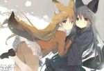  2girls absurdres animal_ears ass black_legwear black_skirt blush brown_hair closed_mouth eyebrows_visible_through_hair ezo_red_fox_(kemono_friends) fox_ears fox_tail grey_hair high_heels highres huge_filesize kemono_friends long_hair looking_at_viewer multiple_girls pantyhose scan shiratama_(shiratamaco) silver_fox_(kemono_friends) skirt tail very_long_hair white_legwear white_skirt 