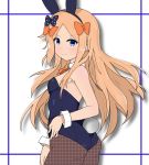  1girl abigail_williams_(fate/grand_order) animal_ears ass atsumisu bangs bare_shoulders black_bow black_hairband blonde_hair blue_eyes blush bow brown_legwear bunny_girl bunny_tail bunnysuit closed_mouth collar commentary_request detached_collar fake_animal_ears fate/grand_order fate_(series) fishnet_pantyhose fishnets forehead hair_bow hairband highres long_hair looking_at_viewer looking_back orange_bow pantyhose parted_bangs polka_dot polka_dot_bow rabbit_ears shadow smile solo tail v-shaped_eyebrows very_long_hair white_collar wrist_cuffs 