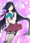  1girl absurdres black_hair bow bowtie brown_eyes cowboy_shot dress grey_legwear hair_over_one_eye hair_ribbon halterneck hayashimo_(kantai_collection) highres kanmiya_shinobu kantai_collection long_hair long_sleeves looking_to_the_side open_mouth pantyhose pink_background purple_dress ribbon school_uniform shirt solo very_long_hair white_ribbon white_shirt 