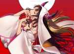  1girl bare_back bare_shoulders black_hair black_nails breasts cleavage collarbone detached_sleeves facial_mark fate/extra fate/extra_ccc fate/grand_order fate_(series) forehead_mark from_side fucodoku hand_print hands_on_own_face horn_ornament horns long_hair looking_at_viewer nail_polish open_mouth red_background sesshouin_kiara smile solo twitter_username veil wide_sleeves yellow_eyes 