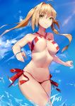  1girl absurdres ahoge artist_name bikini blonde_hair bouncing_breasts bracelet breasts closed_mouth clouds collarbone earrings eyebrows_visible_through_hair fate/grand_order fate_(series) green_eyes hair_intakes halterneck highres jewelry long_hair looking_at_viewer looking_down navel nero_claudius_(fate)_(all) nero_claudius_(swimsuit_caster)_(fate) running side-tie_bikini sky solo summer swimsuit twintails virtu.al water 