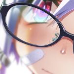  1girl bandaid_on_cheek bangs black-framed_eyewear blurry blurry_background blush close-up closed_mouth depth_of_field dutch_angle face freckles glasses hair_between_eyes highres long_hair looking_at_viewer nose_blush original polka_dot sakuya_tsuitachi solo violet_eyes wavy_mouth white_hair 