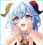  1girl absurdres ahoge artist_name bell blue_hair blush curled_horns eyebrows_visible_through_hair ganyu_(genshin_impact) genshin_impact goat_horns hair_between_eyes hand_on_another&#039;s_cheek hand_on_another&#039;s_face highres horns looking_at_viewer multicolored_eyes neck_bell open_mouth rukiyo sketch smile twitter_username white_background 