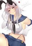  1girl alternate_costume azur_lane bare_shoulders black_panties blue_skirt breasts commentary_request cosplay crop_top elbow_gloves enterprise_(azur_lane) eyebrows_visible_through_hair gloves hairband heart highleg highleg_panties kantai_collection large_breasts microskirt miyuki_(9029009) panties panty_pull pantyshot sailor_collar school_uniform serafuku shimakaze_(kantai_collection) shimakaze_(kantai_collection)_(cosplay) signature silver_hair skirt smile solo underwear violet_eyes white_background white_gloves 