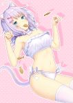  1girl :3 ahoge animal_ear_fluff animal_ears armpits bangs bare_arms bare_shoulders blue_eyes bow bra breasts cat_ears cat_girl cat_tail choker daidai_jamu drop_shadow fang food hair_bow hands_up highres lavender_hair lingerie looking_at_viewer medium_breasts mouth_hold navel original panties paw_pose pink_background pink_bow polka_dot polka_dot_background ribbon ribbon_choker short_hair side-tie_panties solo stomach striped tail taiyaki thigh-highs thighs underwear v-shaped_eyebrows wagashi white_bra white_legwear white_panties white_ribbon 