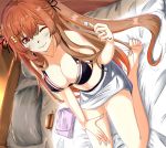  1girl ;) barefoot bikini black_bikini breasts cleavage commentary_request eyebrows_visible_through_hair holding_mimikaki jewelry kantai_collection large_breasts light_brown_hair long_hair looking_at_viewer midriff mimikaki murasame_(kantai_collection) navel on_bed one_eye_closed red_eyes remodel_(kantai_collection) ring seiza shigatsu_(soratobuusagi) sitting smile solo swimsuit two_side_up wedding_band 
