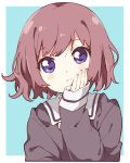  1girl blue_background blush blush_stickers brown_hair character_request closed_mouth copyright_request curly_hair eyebrows_visible_through_hair highres long_sleeves looking_at_viewer namori short_hair simple_background sketch sleeves_past_wrists solo upper_body violet_eyes 