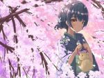  1girl blue_hair blush cherry_blossoms doll flower hair_flower hair_ornament hands_up holding idolmaster idolmaster_shiny_colors japanese_clothes kimono looking_at_viewer looking_to_the_side morino_rinze obi petals red_eyes sash short_hair solo sorano_eika spring_(season) straw_doll tree 