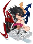  1girl :p alternate_costume asymmetrical_wings bandaid bandaid_on_knee bangs black_hair black_jacket black_wings blue_wings blush casual commentary_request contemporary directional_arrow eyebrows_visible_through_hair full_body gotoh510 grey_wings hair_between_eyes highres houjuu_nue jacket knee_up long_sleeves looking_at_viewer nail_polish orange_wings red_eyes red_nails red_wings shadow shoes short_hair simple_background smile sneakers socks solo thighs tongue tongue_out touhou unmoving_pattern white_background white_footwear white_legwear wide_sleeves wings zipper 